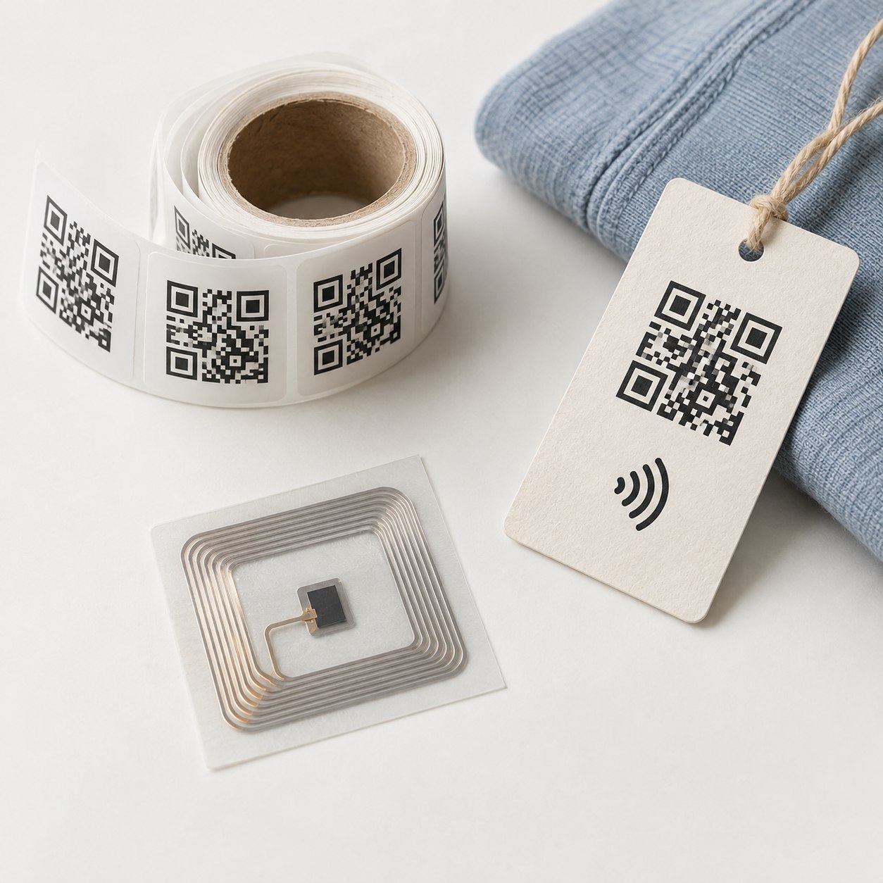 Exemples de supports : rouleau d’étiquettes QR, puce NFC et étiquette de produit combinant QR et NFC